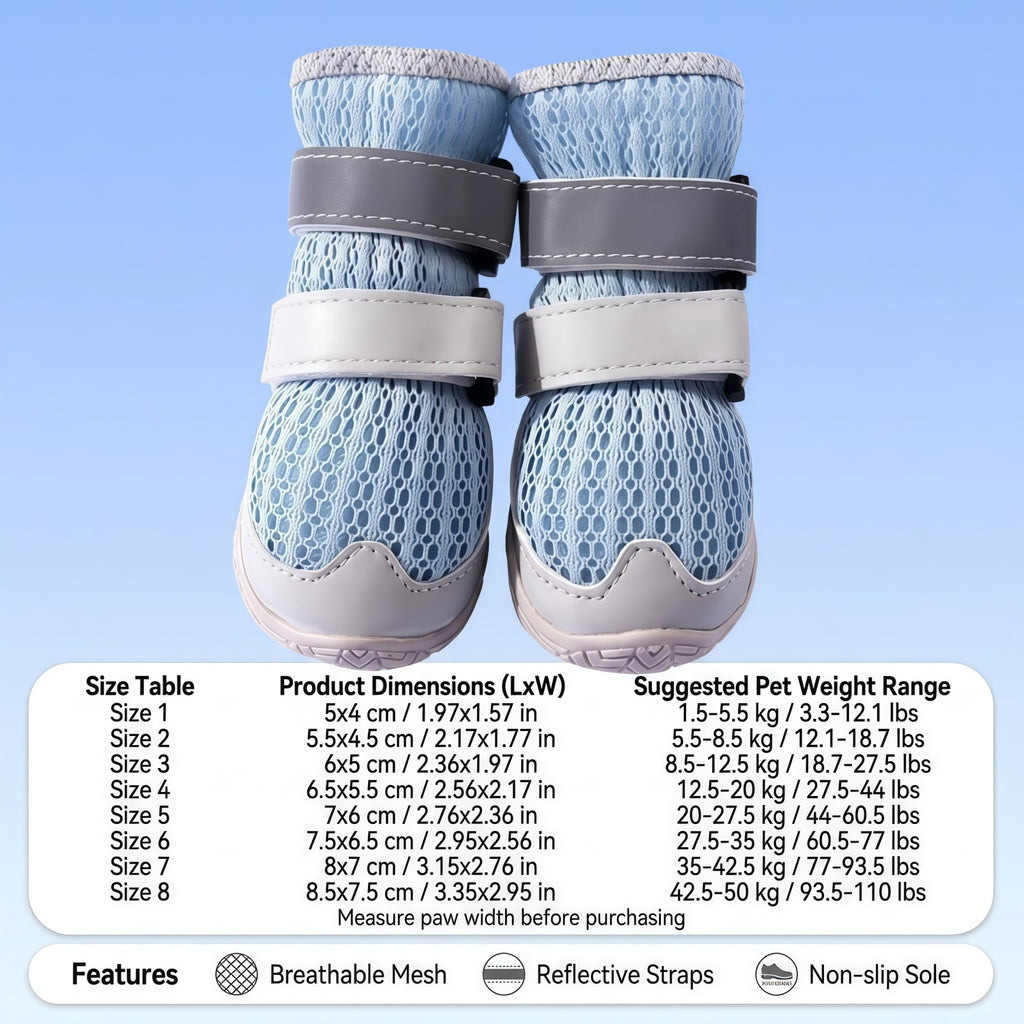 Breathable Mesh Tall Dog Boots with Reflective Straps and Anti-Slip Rubber Sole, Protective Dog Shoes for Hot Pavement and Rain, 4-Pack