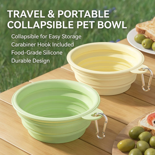 Collapsible Silicone Pet Dog Bowl with Carabiner Clip - Portable Travel Water & Food Feeder for Small & Medium Dogs